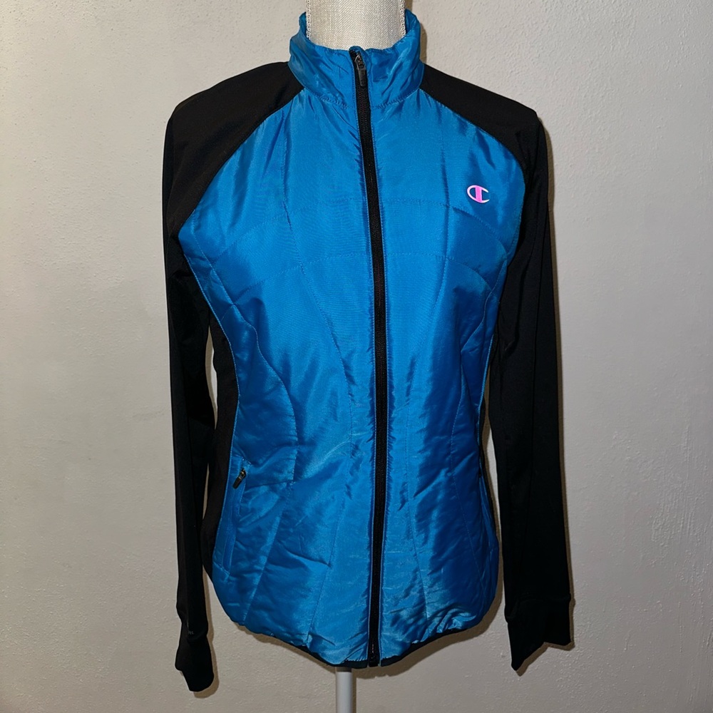 Champion Women's Teal-Blue and Black Zip-Up Bomber Jacket